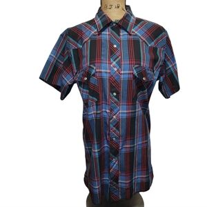 Vntg Wrangler Western Pearl Snap Shirt Mens Large Tall Short Sleeve Plaid Cowboy